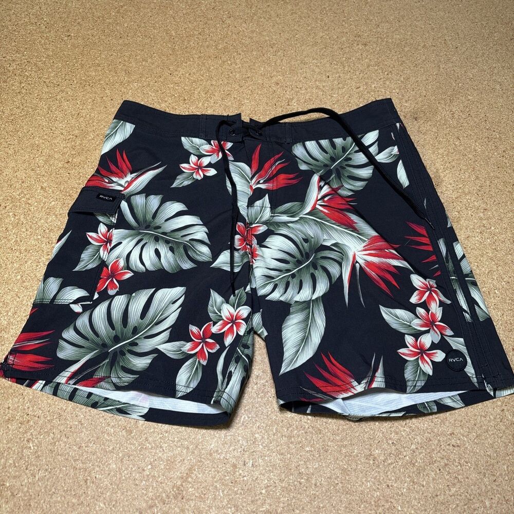 RVCA Surf Board Shorts Mens Size 32 Hawaiian Hibiscus Flowers Black